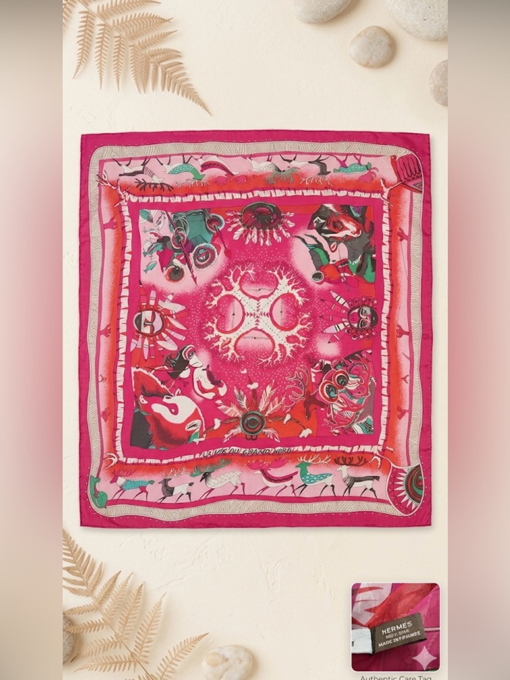 Hermes La Vie Du Grand Nord Silk Scarf  Shawl 140 cm Giant Square Pink Authentic